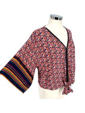 Democracy Floral Stripe Kimono Sleeve V-neck Blouse Red Multicolor Size Medium